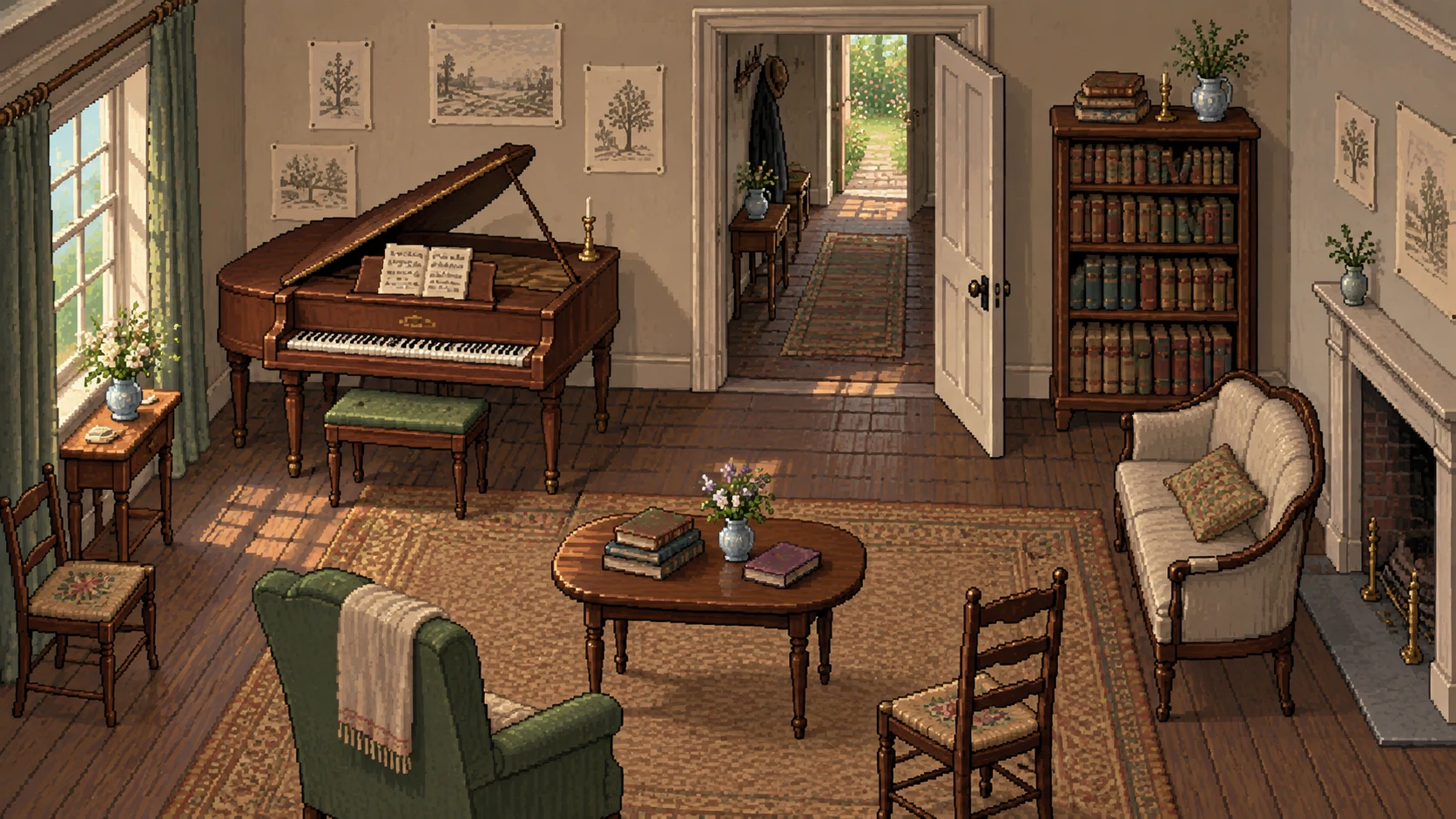 Piano, books, small chairs and garden doorway; the clearest music-plus-reading scene.